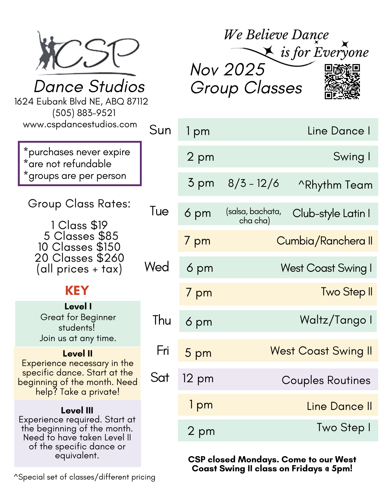 Image of December Class Schedule