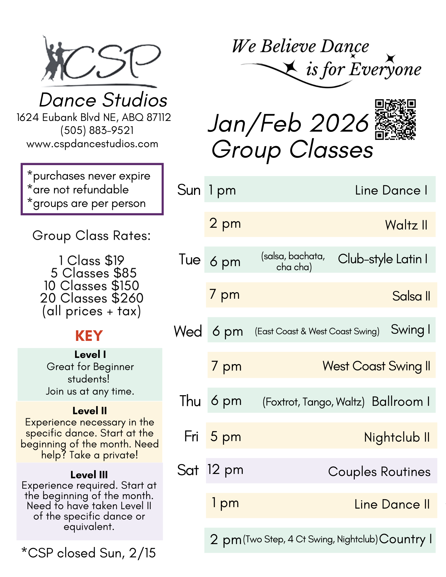 Image of December Class Schedule