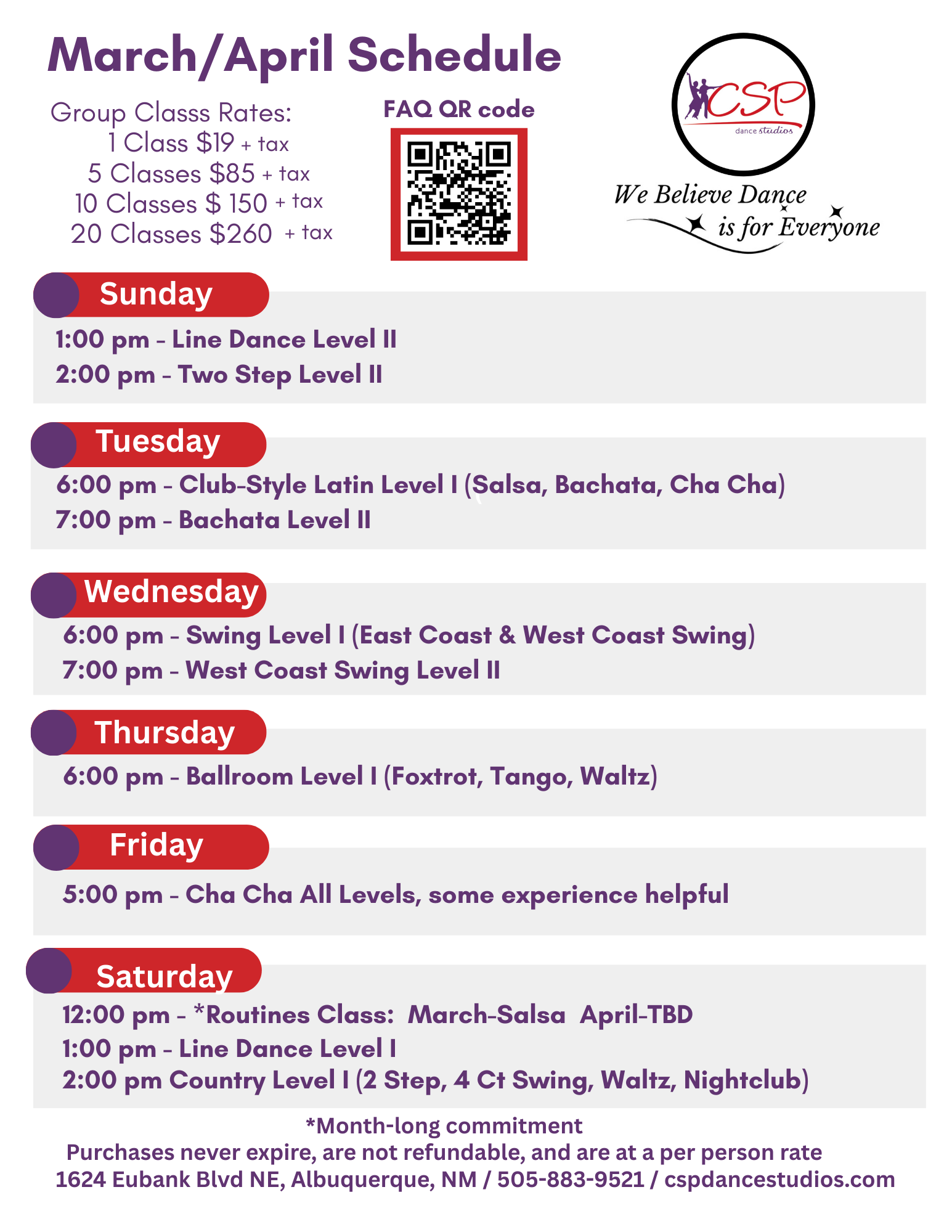 Image of December Class Schedule