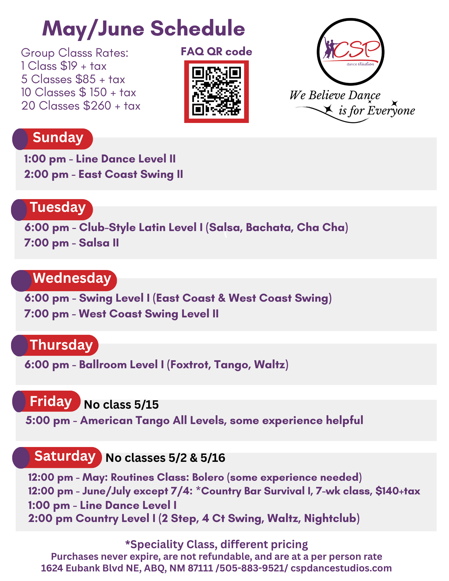 Image of December Class Schedule