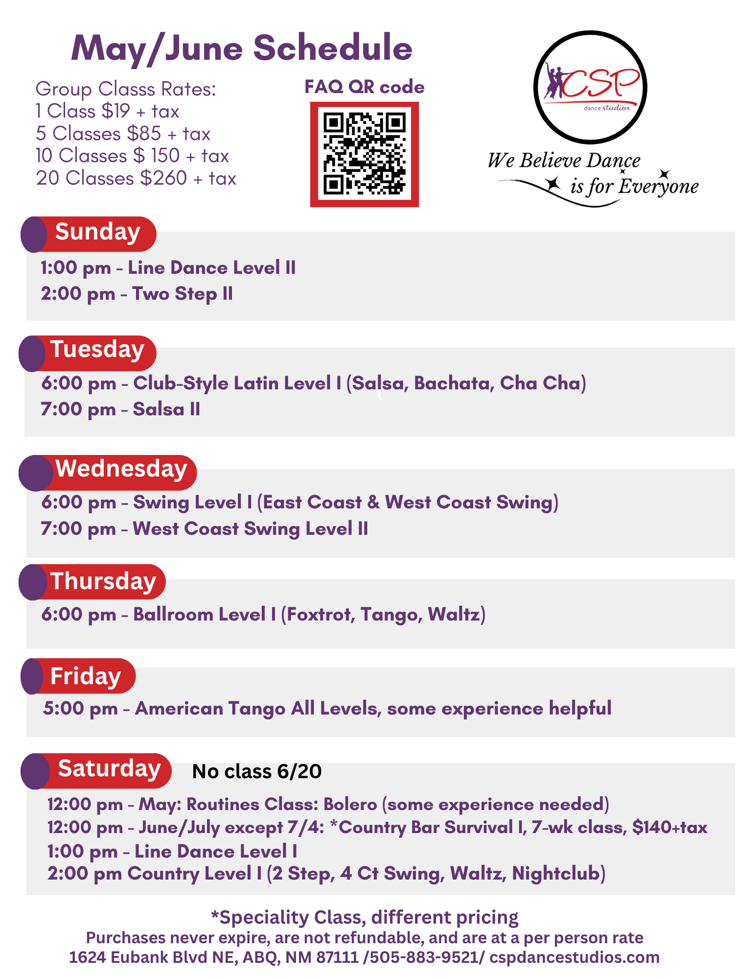 Image of December Class Schedule