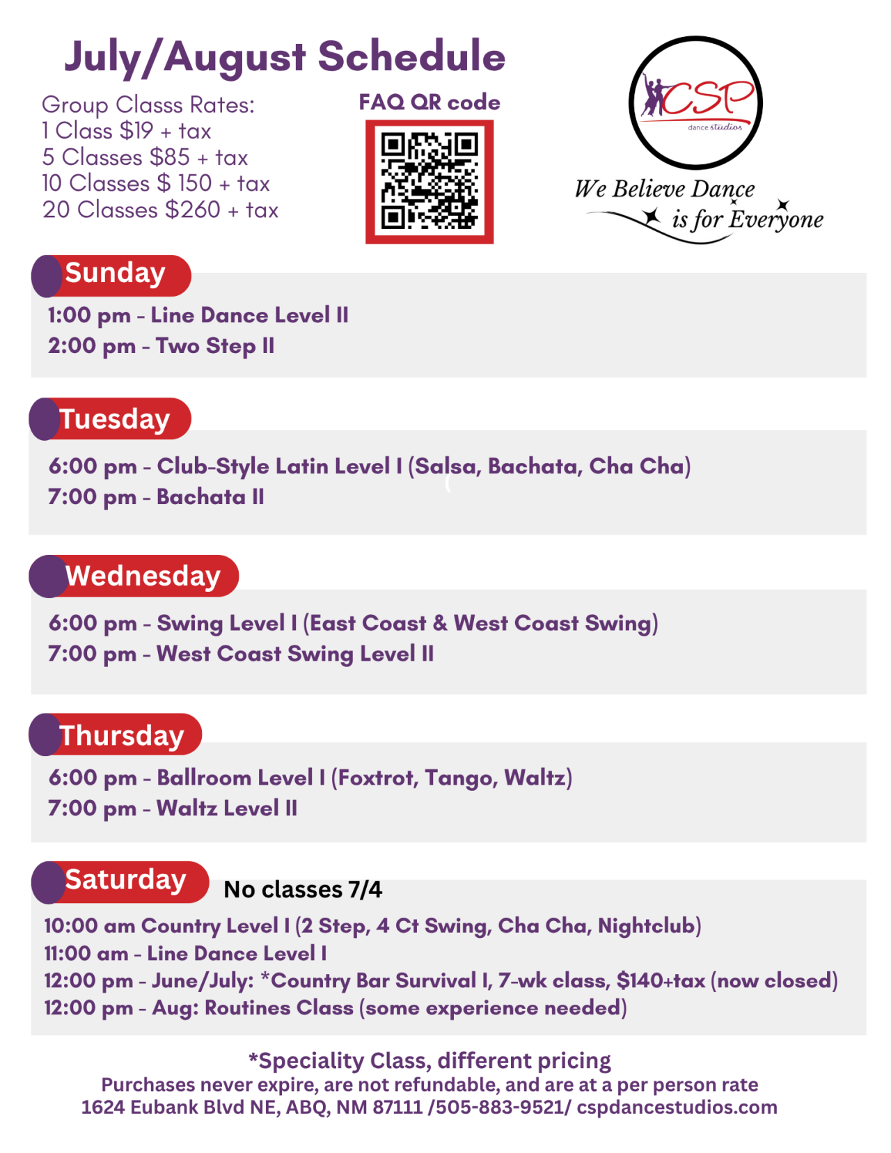 Class Schedule & Events • CSP Dance Studios
