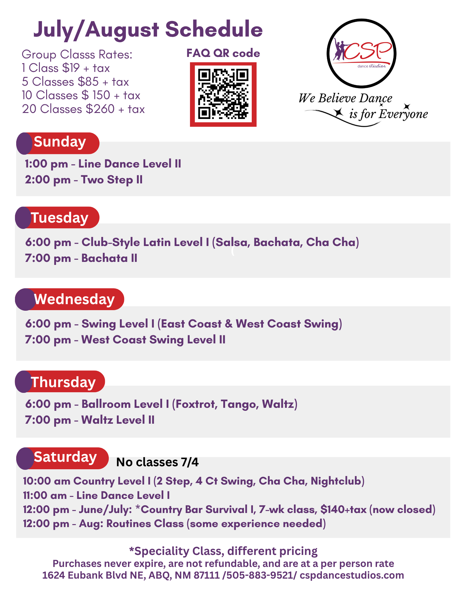 Image of December Class Schedule