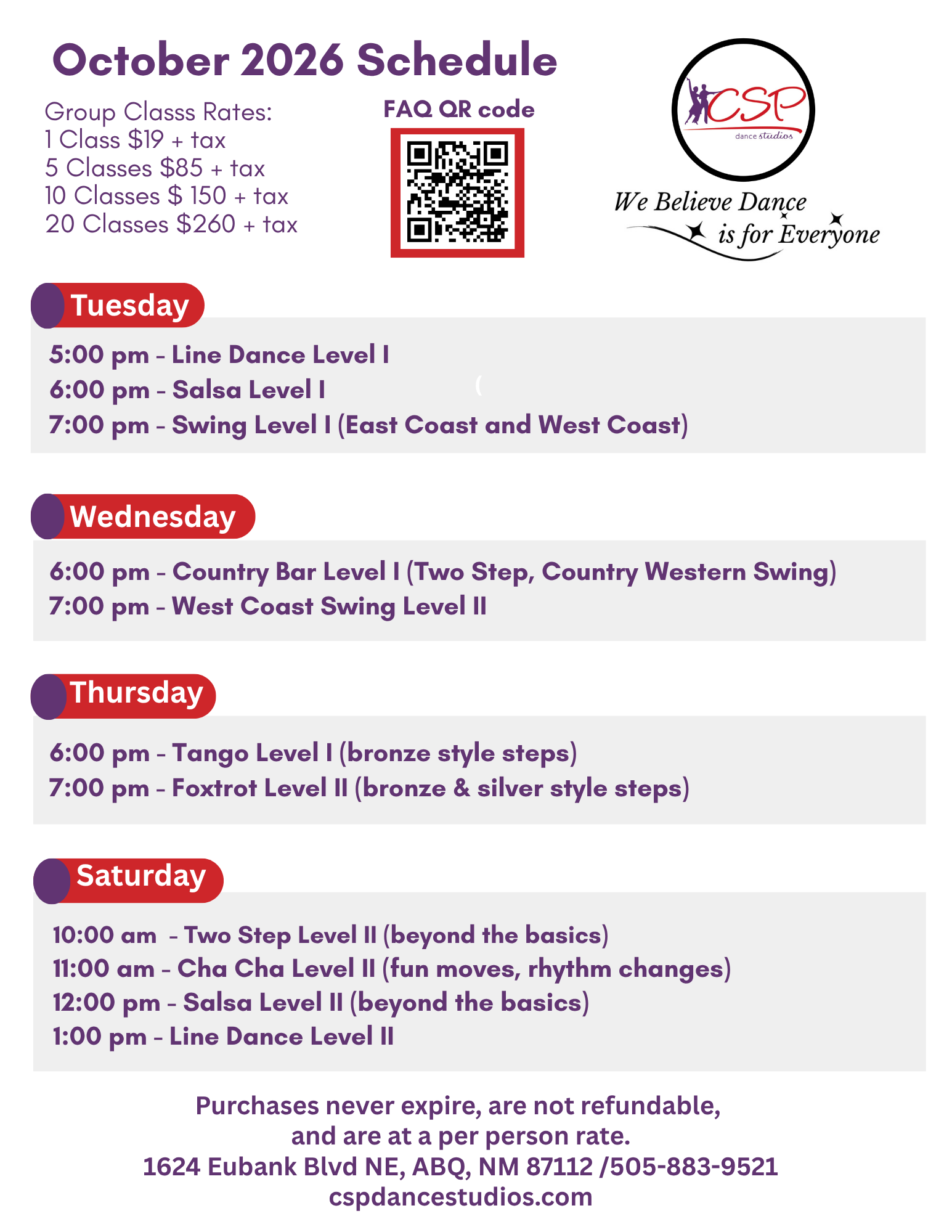 Image of December Class Schedule