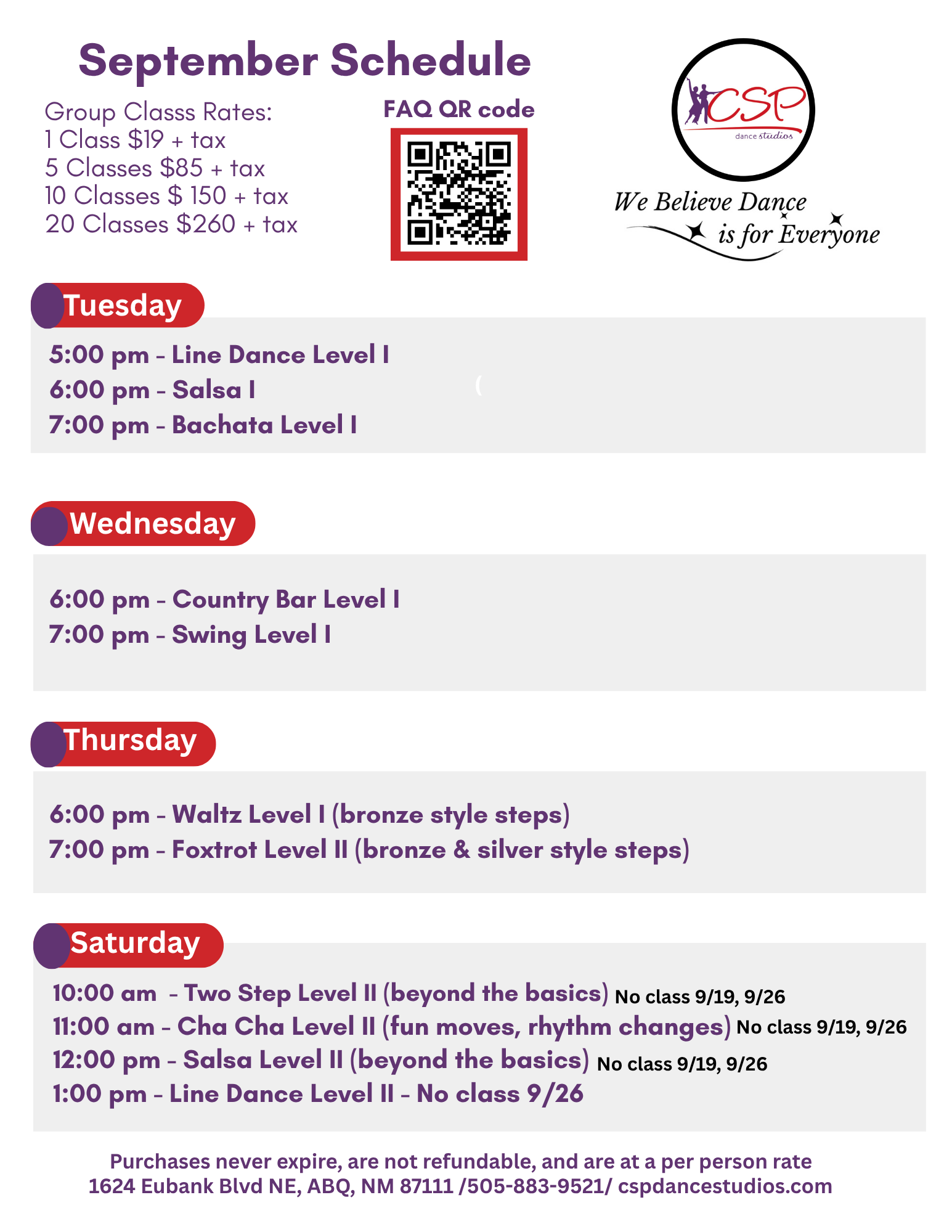 Image of December Class Schedule